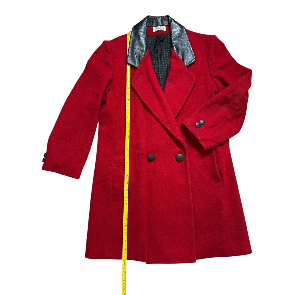 Vintage Fashions By Jill Women's Red Black‎ Trench Coat 100% Wool Leather Collar